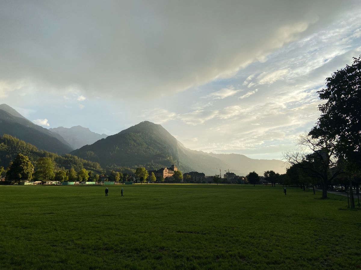 A large grassy field with forested mountains in the distance and grey rainclouds overhead.
